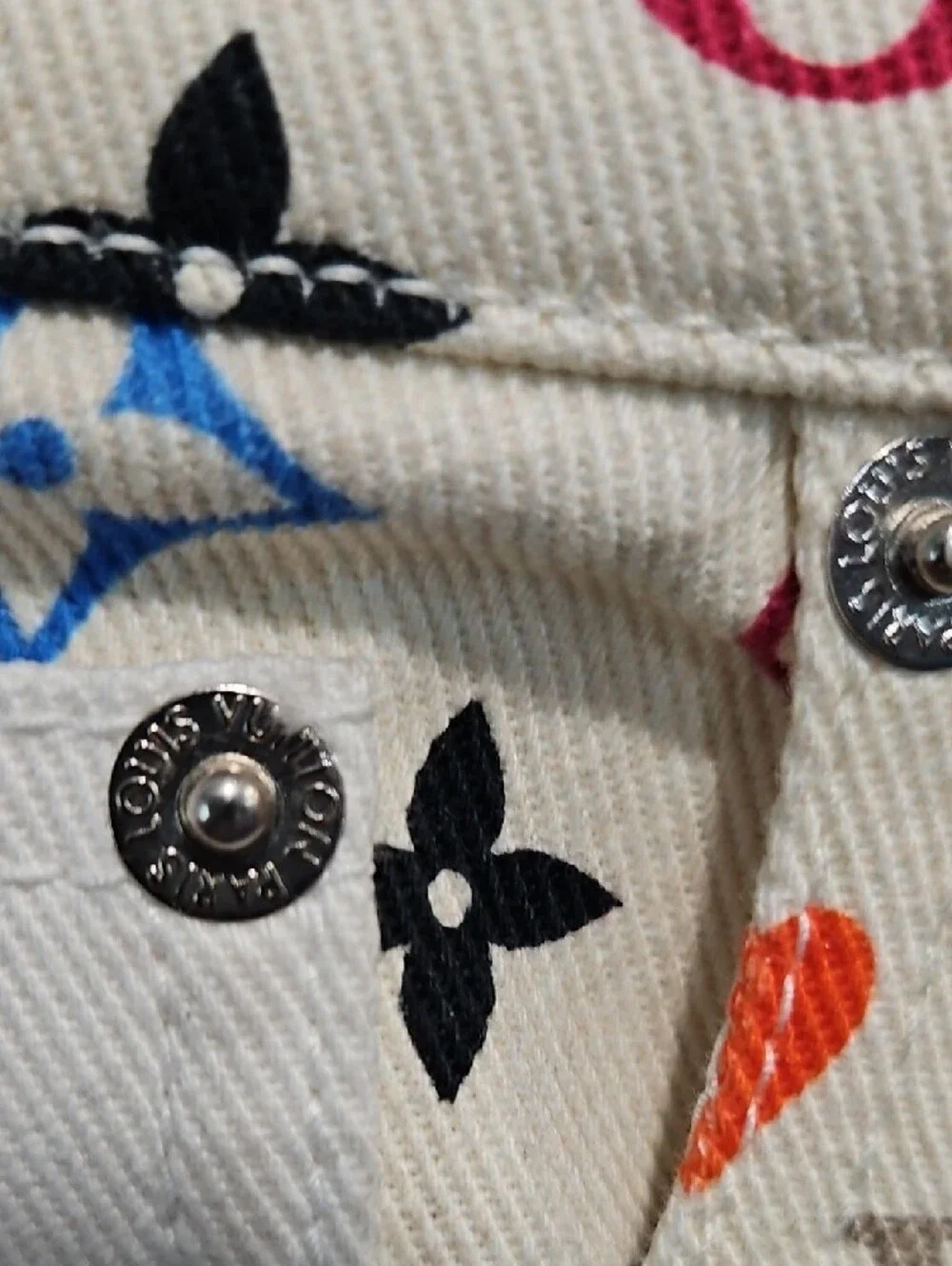 Louis Vuitton Cream High-Rise Jeans with Red & Blue Monogram Accents
